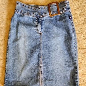 Bubblegum Belted Belt Midi Denim Skirt with Split Front